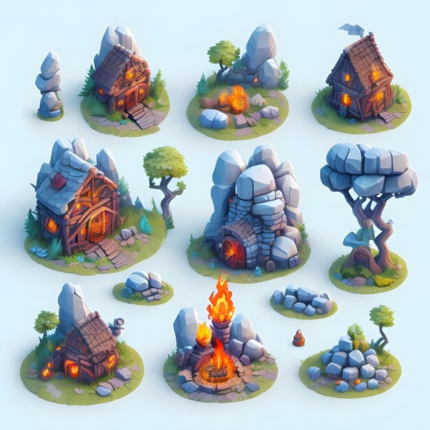 Collection d'actifs de jeu stylisés de Fantasy Cottage Village