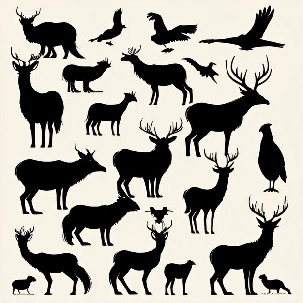 Une collection d'animaux comprenant un cerf, un oiseau, un oiseau et une dinde.