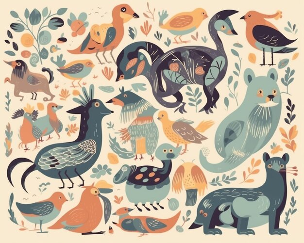 Une collection d'animaux, y compris des oiseaux et des oiseaux.