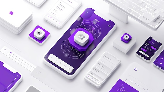 une collection d'appareils électroniques avec un fond violet et un téléphone blanc avec un couvercle violet