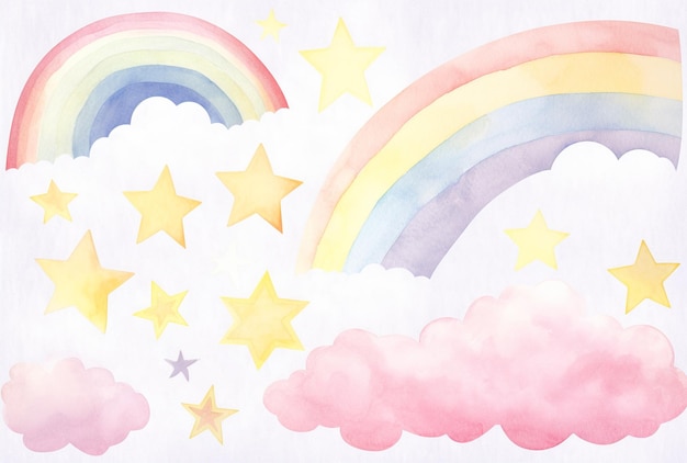 une collection d'aquarelle de petits nuages d'aquarelle et d'arc-en-ciel dans le style de lignes douces