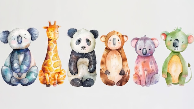 Collection d'aquarelles de personnages d'animaux mignons assis dans une rangée