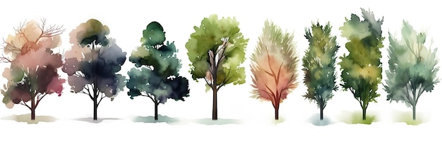 Collection d'arbres aquarelles Ensemble d'arbres dessinés à la main Pack d'arbres forestiers