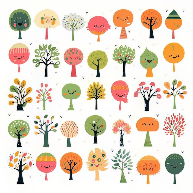 Une collection d'arbres avec différents visages et les mots « automne » en bas.