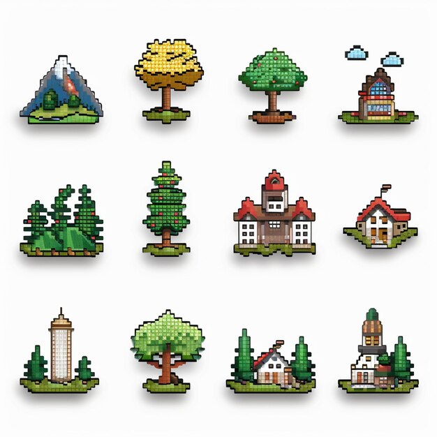 une collection d'arbres miniatures et de maisons faites de legos