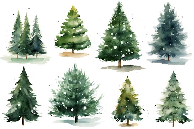 Une collection d'arbres de Noël de la collection d'aquarelles