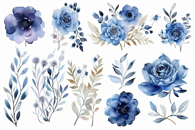 Photo collection d'arrangements floraux bleu aquarelle