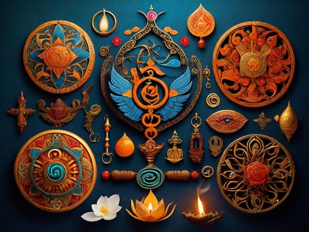 une collection d'art avec un fond bleu avec une image d'un dieu et un symbole