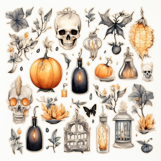 Une collection d'articles d'Halloween comprenant des citrouilles, des fleurs et un crâne.