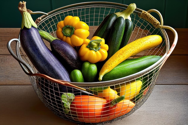 Une collection d'aubergines et de concombres de courge d'été dans un panier métallique coloré prêt à être grillé