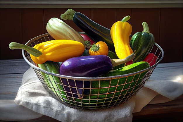 Une collection d'aubergines et de concombres de courge d'été dans un panier métallique coloré prêt à être grillé