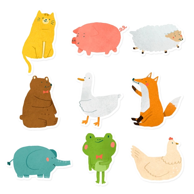 Collection d'autocollants d'animaux dessinés à la main png transparent