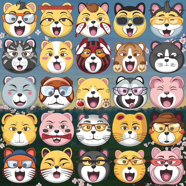Une collection d'autocollants d'animaux de dessins animés adorables