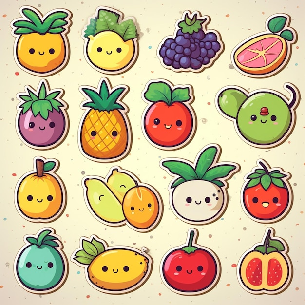 Une collection d'autocollants de fruits avec les mots fruit dessus.