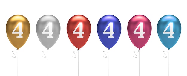 Collection de ballons d'anniversaire numéro 4 or argent rouge bleu rose rendu 3D