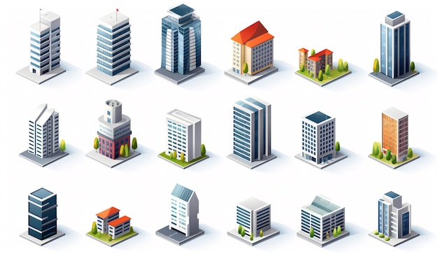 collection de bâtiments de gratte-ciel sométriques Ensemble de bureaux d'affaires et de tours commerciales isolées sur un fond blanc Développement de la ville en conception 3D