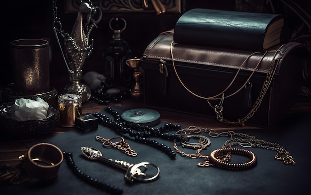 Une collection de bijoux comprenant un collier, un collier et des colliers sur une table.
