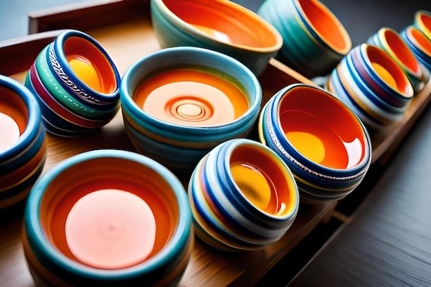 Une collection de bols colorés est exposée sur une table.