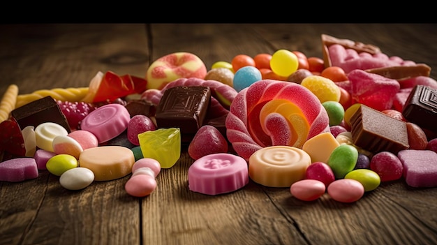 Une collection de bonbons sur une table en bois