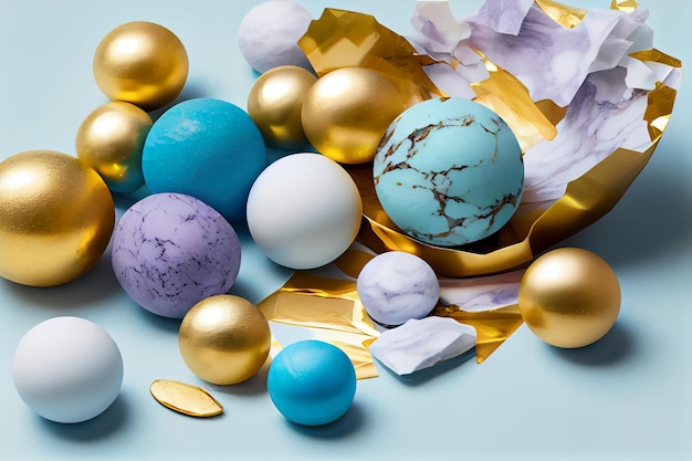 Une collection de boules colorées et de feuille d'or sur fond bleu