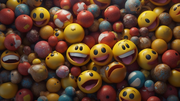 une collection de boules colorées avec des visages et des visages souriants.