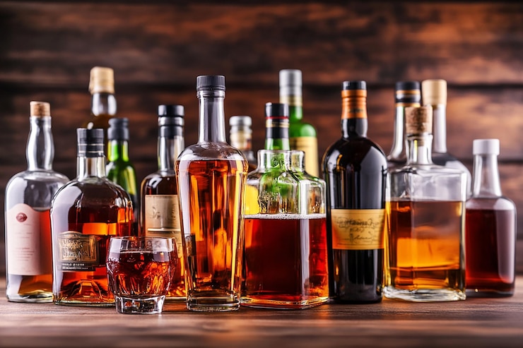 Photo une collection de bouteilles d'alcool dont une qui a une bouteille de whisky dessus