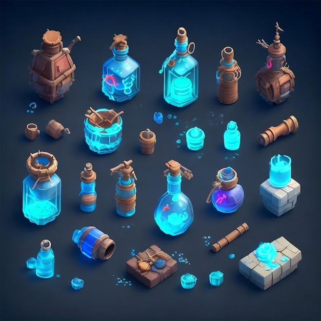 Une collection de bouteilles et de bouteilles avec un liquide bleu.