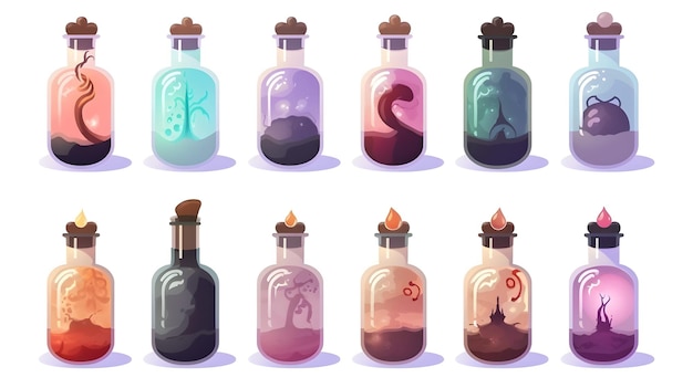 Une collection de bouteilles contenant des liquides de différentes couleurs.