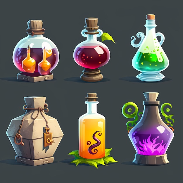 Une collection de bouteilles avec différents liquides comme une potion