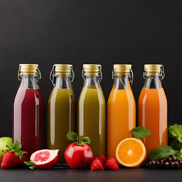 une collection de bouteilles de fruits et une boisson à la fraise