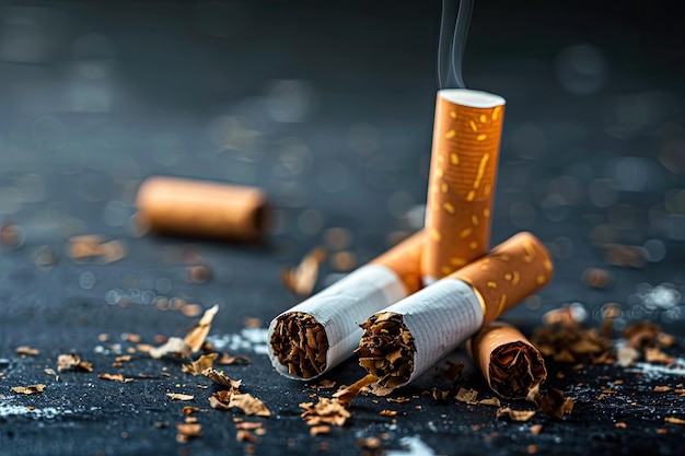 Photo une collection de boutons de cigarettes et de feuilles de tabac éparpillées reposent sur une surface de texture sombre représentant les restes de tabac.