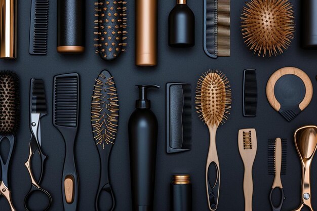 une collection de brosses à cheveux et de peignes sur une surface noire