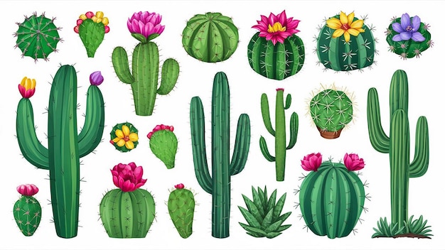 une collection de cactus et de fleurs, y compris les cactus, les caktus et les fleurs