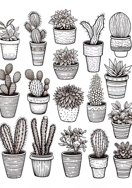 une collection de cactus en pot, de cactus, de cactus et de cactus.