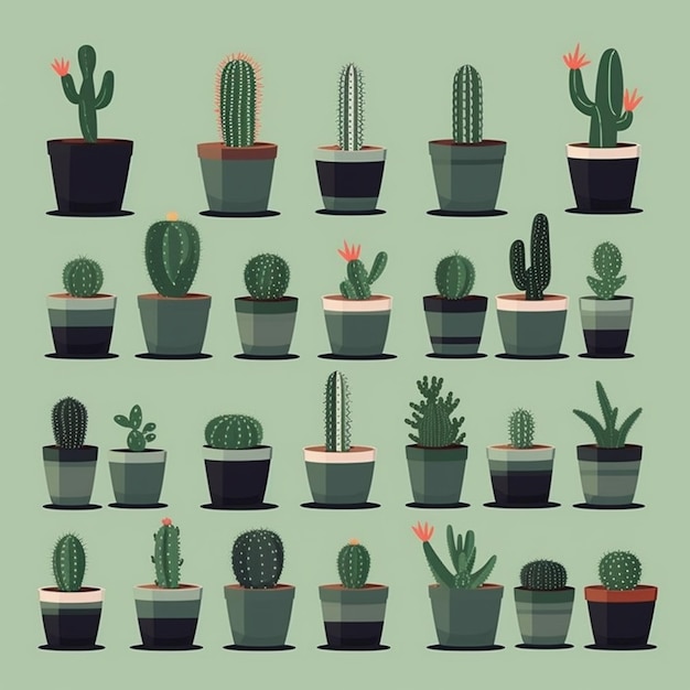 Une collection de cactus en pots avec une fleur rose sur le dessus.