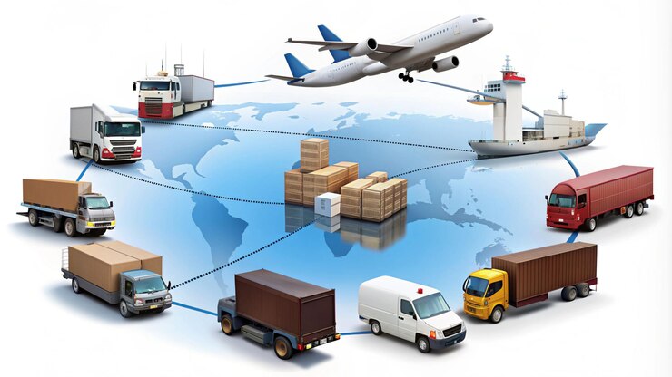 Photo une collection de camions et un avion sont montrés avec un avion en arrière-plan