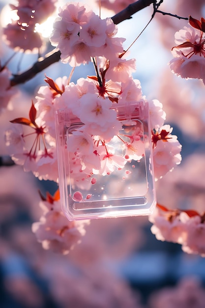 Photo collection de cartes carrées transparentes en plastique suspendues à une étiquette de nature vintage à la fleur de cerisier