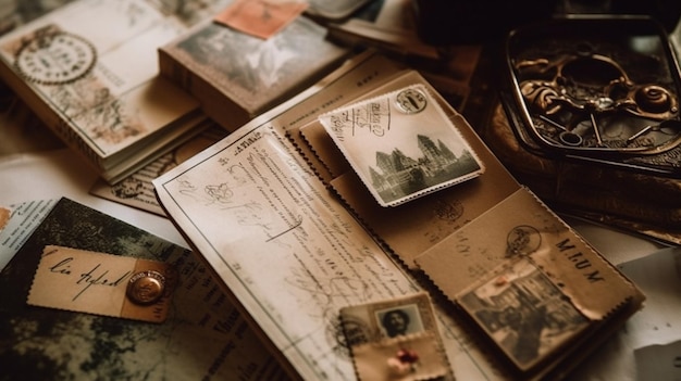 Une collection de cartes postales anciennes sur une table avec une montre à droite.