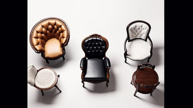 Une collection de chaises avec une assise en cuir noir et un coussin blanc.