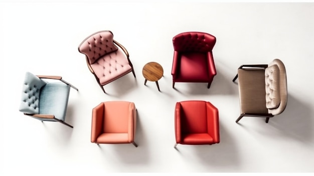 Une collection de chaises avec différentes couleurs et le mot "chaise" sur le fond.