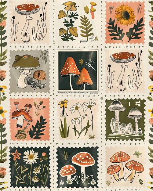 une collection de champignons et de champignins avec un timbre qui dit champignons