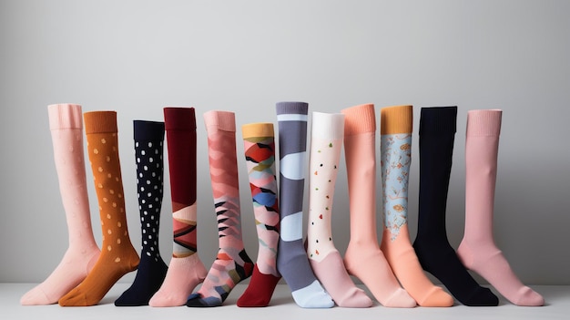 Une collection de chaussettes et de bas de différentes longueurs et couleurs