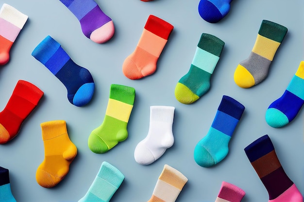 Photo une collection de chaussettes colorées sur fond bleu
