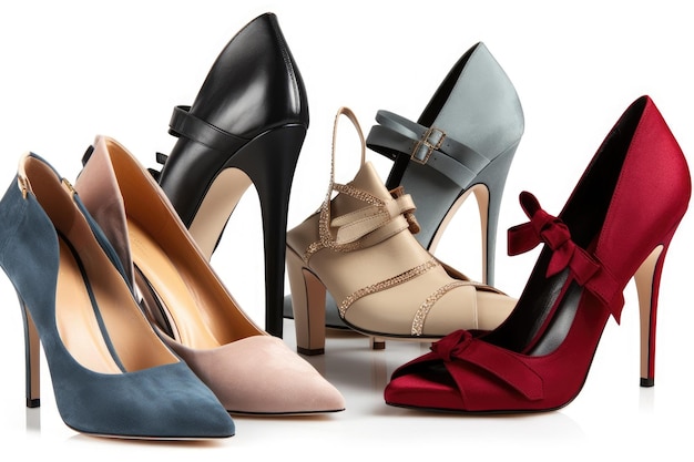 Collection de chaussures élégantes avec des escarpins à talons hauts et des chaussures plates de différents styles et couleurs créées avec IA générative