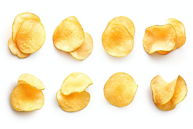 Photo une collection de chips de pommes de terre sur fond blanc