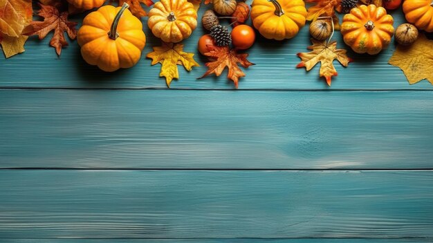 Une collection de citrouilles et de gourds sur une table peinte en bleu.