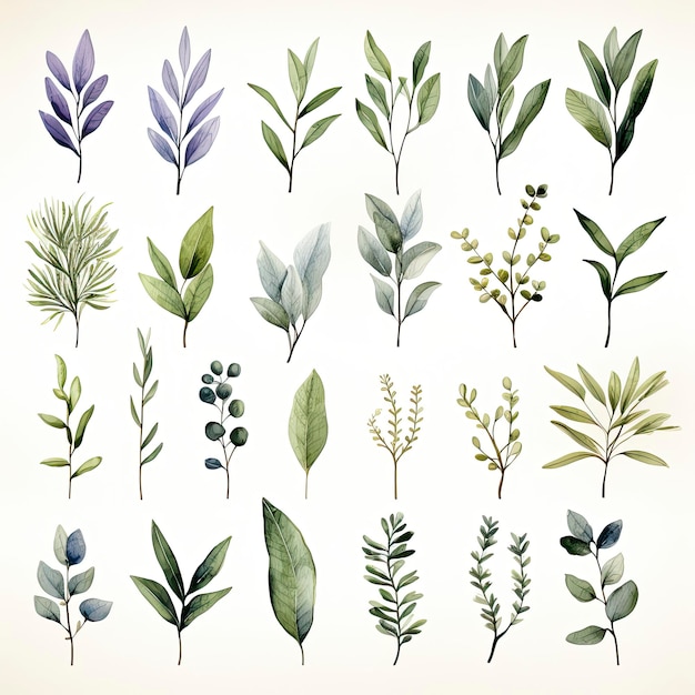 Photo collection de cliparts d'herbes aquarelles sur fond blanc