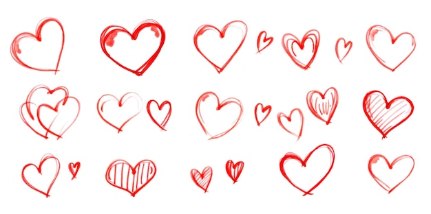 Collection de cœurs dessinés à la main griffonnés isolés sur fond blanc artistiques et expressifs parfaits pour les cartes de vœux de la Saint-Valentin scrapbooking thèmes d'amour décoration de mariage