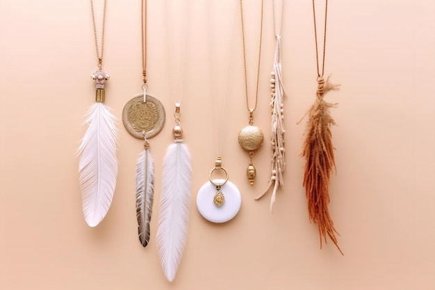 Une collection de colliers avec des plumes et un pendentif en or.
