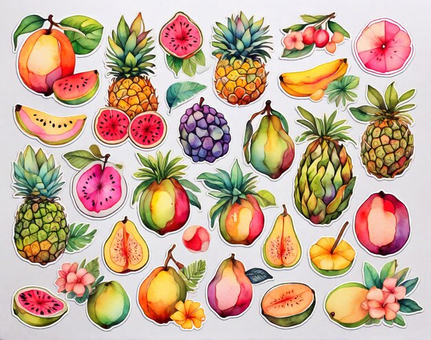 Une collection colorée d'autocollants de fruits juteux de couleurs pastel générés par l'IA